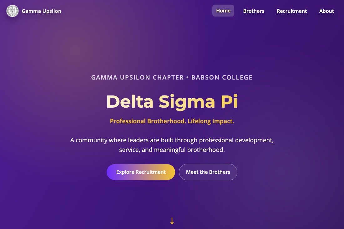 The Gamma Upsilon chapter homepage, with the Delta Sigma Pi title and Explore Recruitment and Meet the Brothers buttons