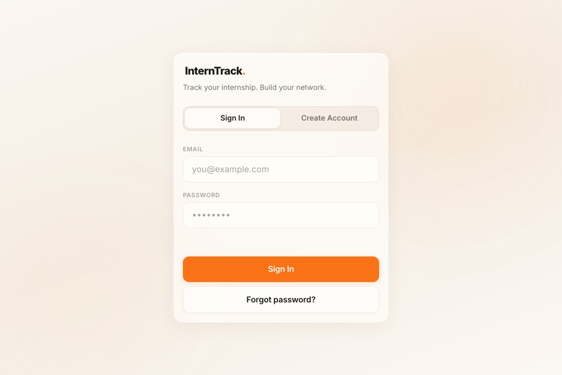 The InternTrack sign-in screen, with email and password fields and a Create Account tab